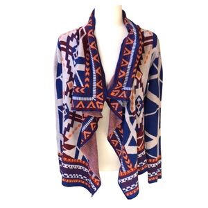 YAHADA Open cardigan shawl collar Aztec design Blue Orange Cream Wine size Small